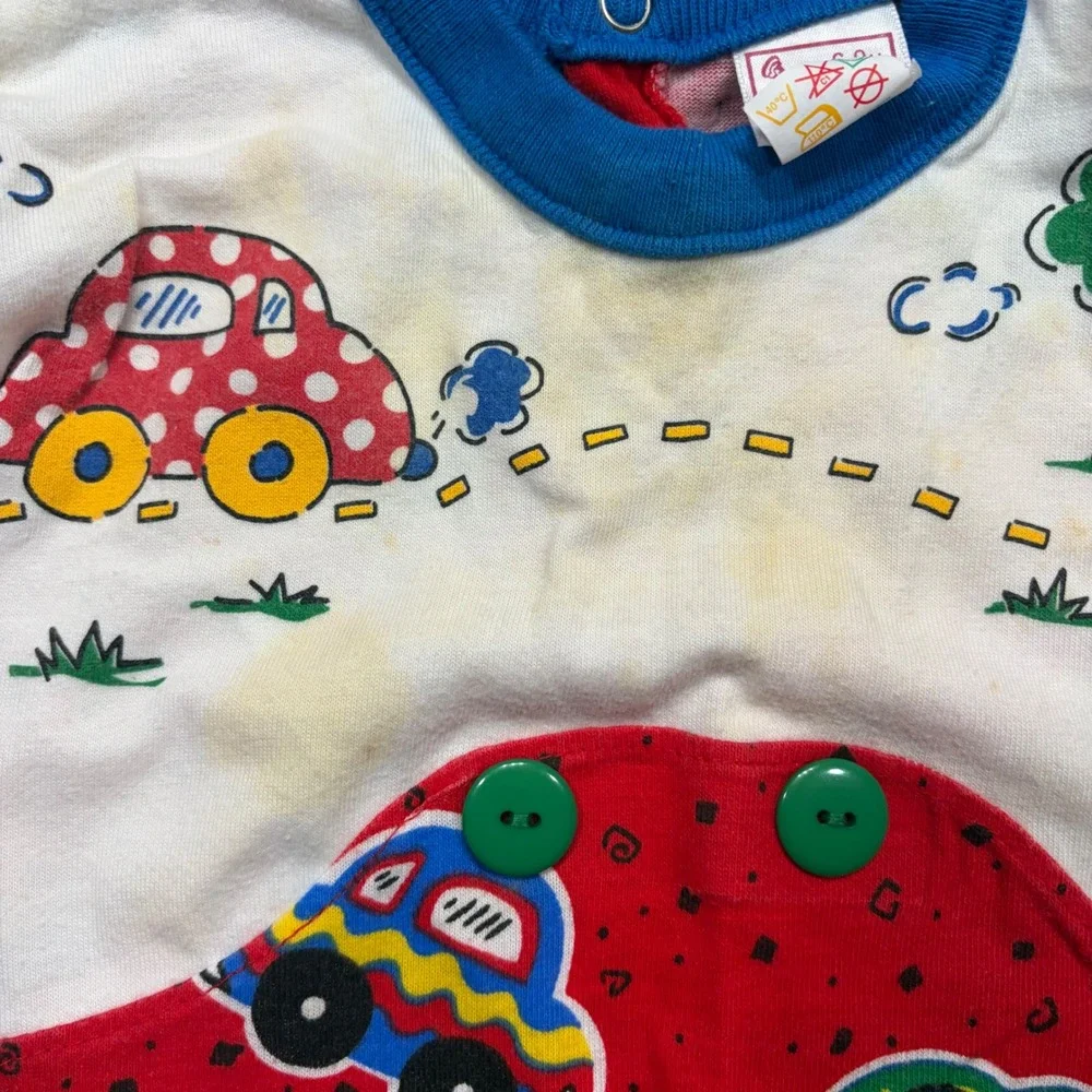 Vintage Buster Brown Baby Boy Car Print Romper Red White Blue 6-9M Short Sleeve
